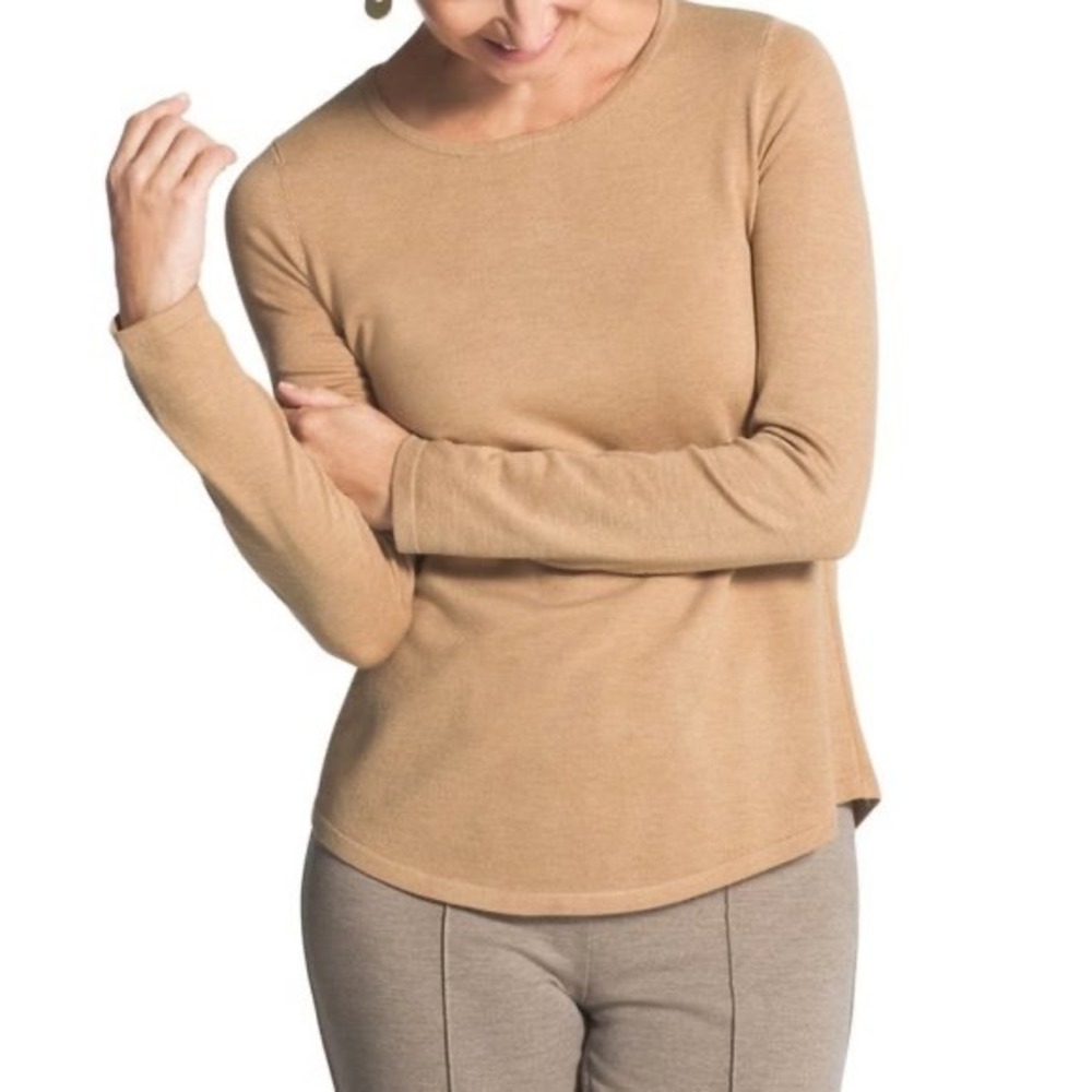 Chico's Shirttail Mindy Pullover Sweater Camel Gold Zip Long Sleeve Knit Top